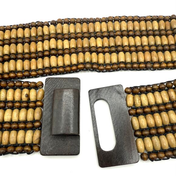 Vintage Stretch Beaded Belt w/ Wood Buckle – 2.5" Wide Boho Y2K Festival - Picture 2 of 9